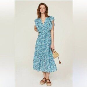 RHODE Womens Tasha Floral Print Cottagecore Midi Dress Aqua Lotus Mini. Size 0